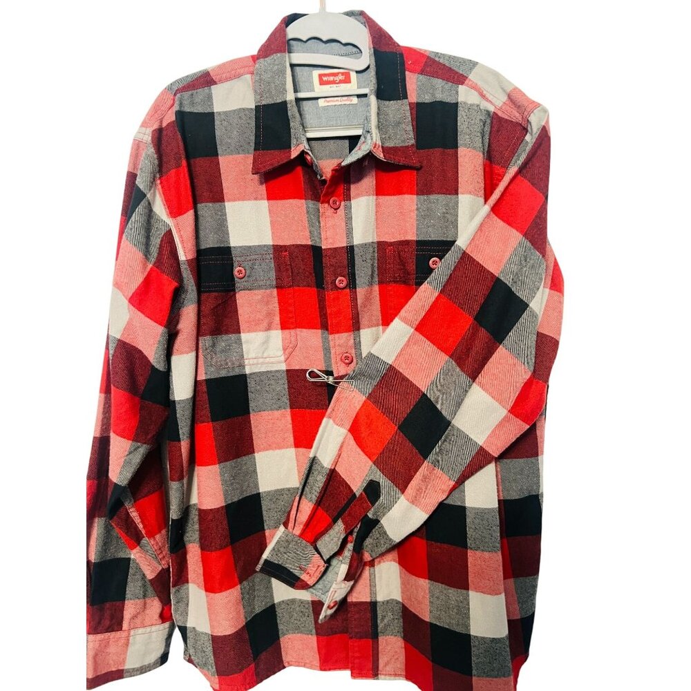 Mens Wrangler LS Red Black Plaid Flannel Button-Up Shirt L USA Keep Warm GIFT‎